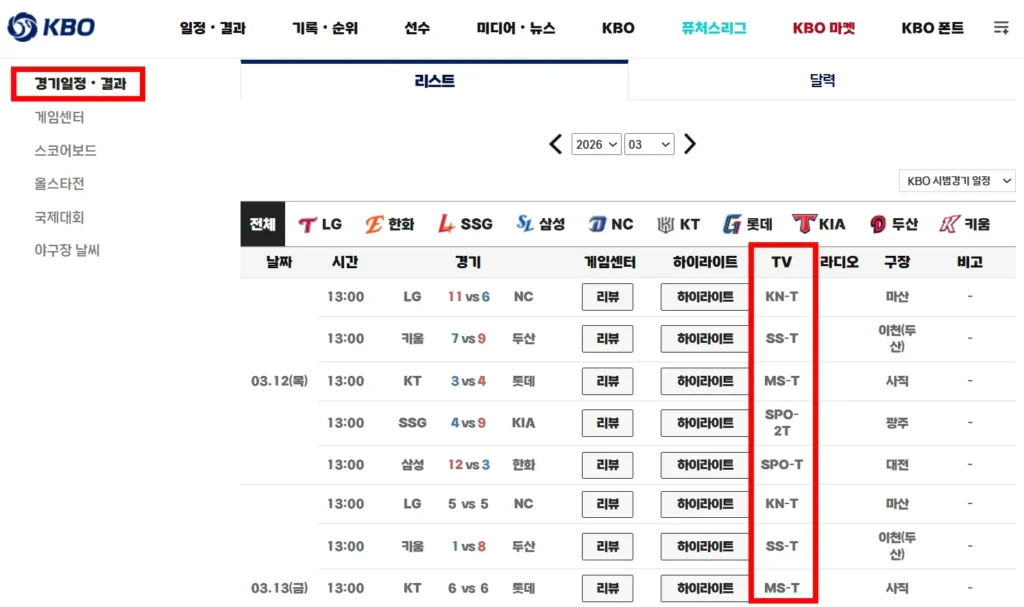 KBO 프로야구 TV 중계 채널 표시