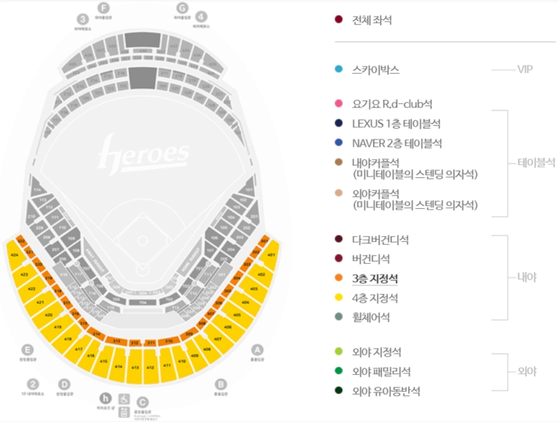 고척스카이돔 3층 4층 지정석 위치 좌석 배치도