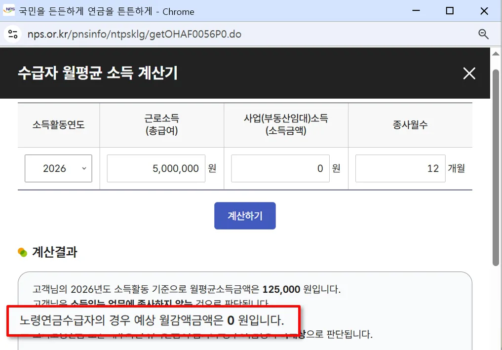 국민연금 감액 계산기 결과 화면