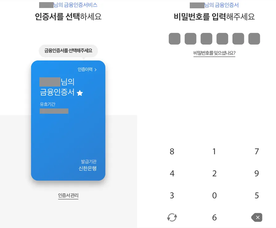 금융인증서 PIN 번호 6자리 입력 화면