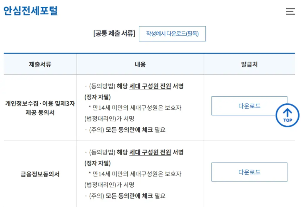 든든전세주택 제출서류 다운로드 경로 안내 화면