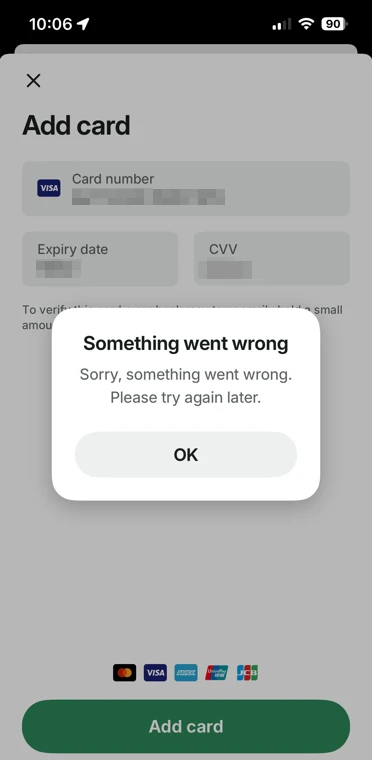 볼트 카드 등록 오류 화면_something went wrong