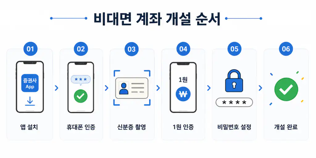 증권사 비대면 계좌 개설 순서 - 앱 설치 휴대폰 인증 신분증 촬영 1원 인증 비밀번호 설정 개설 완료