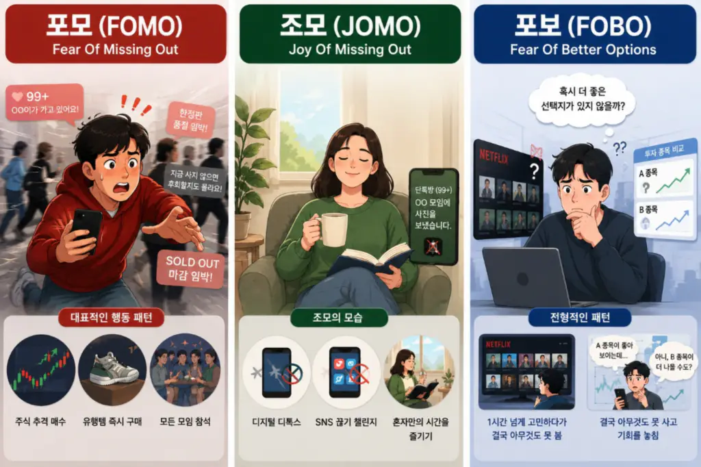 포모, 조모, 포보 세 가지 심리 비교 인포그래픽