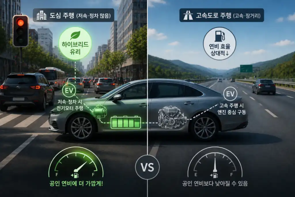 하이브리드 도심 주행 vs 고속도로 주행 공인 연비 비교