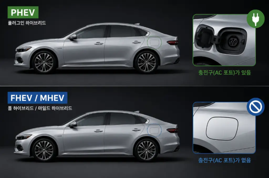 하이브리드 자동차 충전구 위치 PHEV 구별법