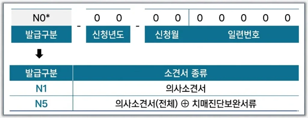 노인장기요양보험 의사소견서 발급번호 구분표 — N1은 의사소견서만, N5는 의사소견서와 치매진단보완서류 함께 제출
