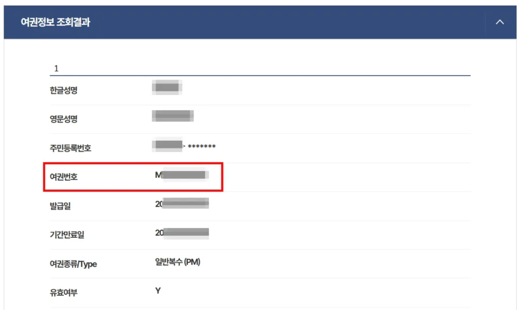 정부24 여권번호 조회결과 화면