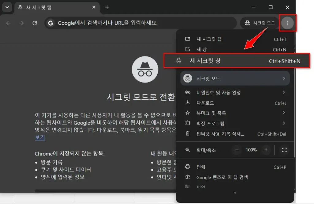 크롬 시크릿 모드 접속 화면