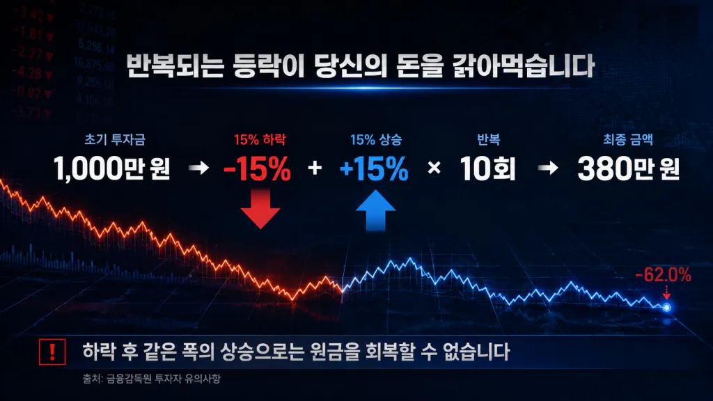 1,000만 원이 반복적인 15% 하락과 15% 상승 후 380만 원으로 줄어드는 과정을 보여주는 금융 인포그래픽.