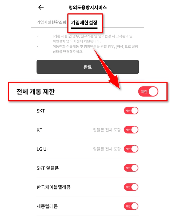 PASS 앱 명의도용방지 가입제한설정 화면