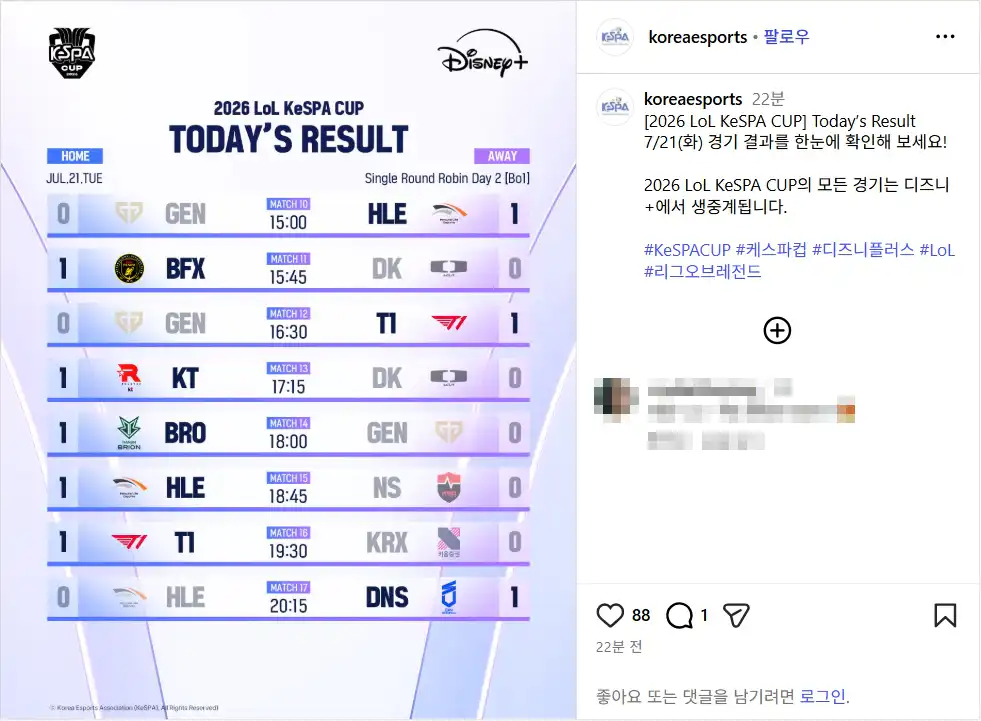 2026 케스파컵 7월 21일 경기 결과