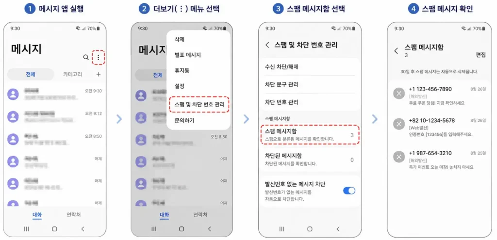 갤럭시 해외문자 스팸함 확인 방법