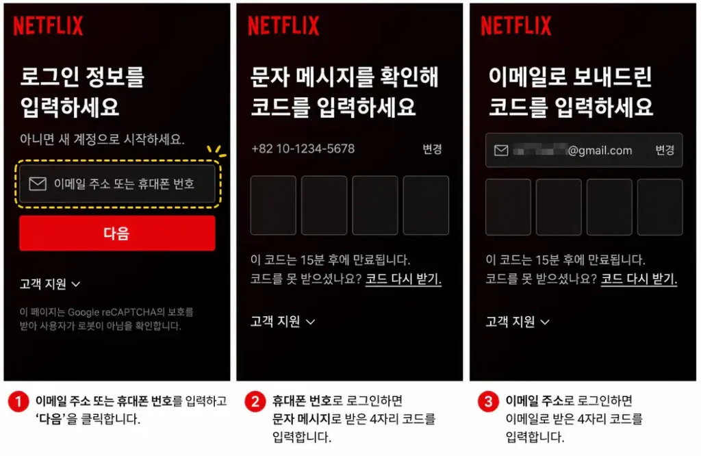 넷플릭스 PC 로그인 이메일 주소 휴대폰 번호 로그인 코드 입력 방법