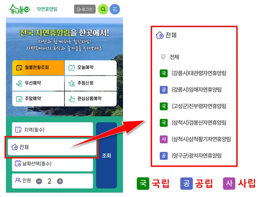 숲나들e 자연휴양림 예약검색에서 국립 공립 사립 휴양림 선택 화면
