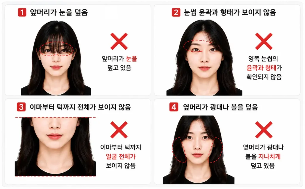 여권사진 앞머리와 눈썹, 얼굴 윤곽이 가려진 잘못된 예시 4가지