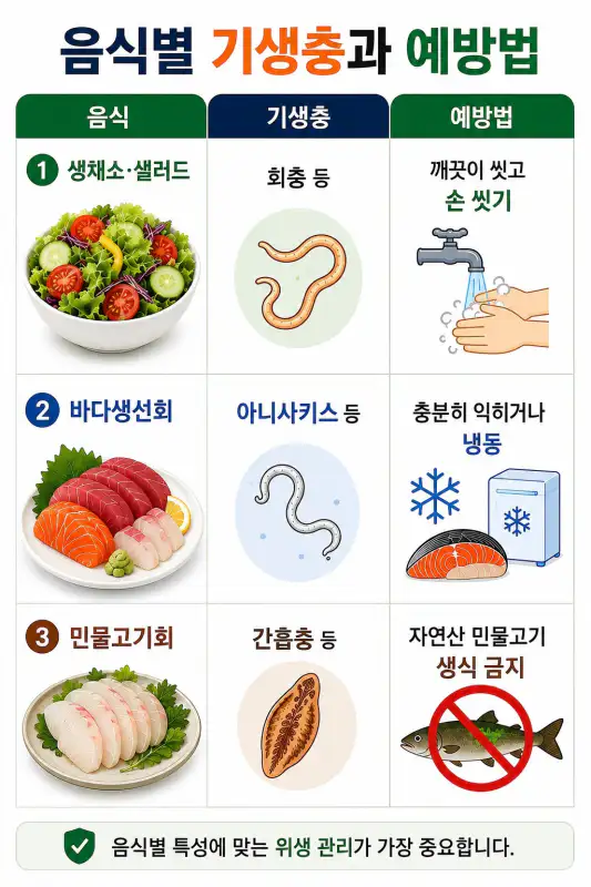 음식별 기생충과 예방법 - 생채소 샐러드, 바다생선회, 민물고기회