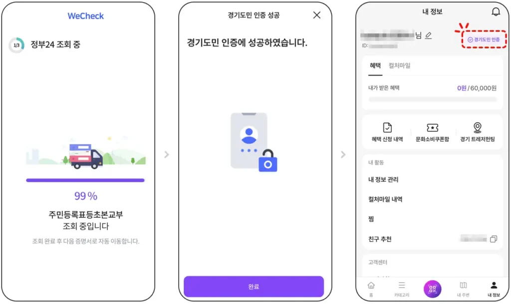 컬처패스 경기도민 인증 성공 화면과 내 정보 인증 완료 표시