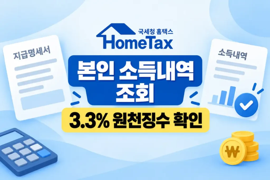 홈택스 본인 소득내역 조회 3.3% 원천징수 확인