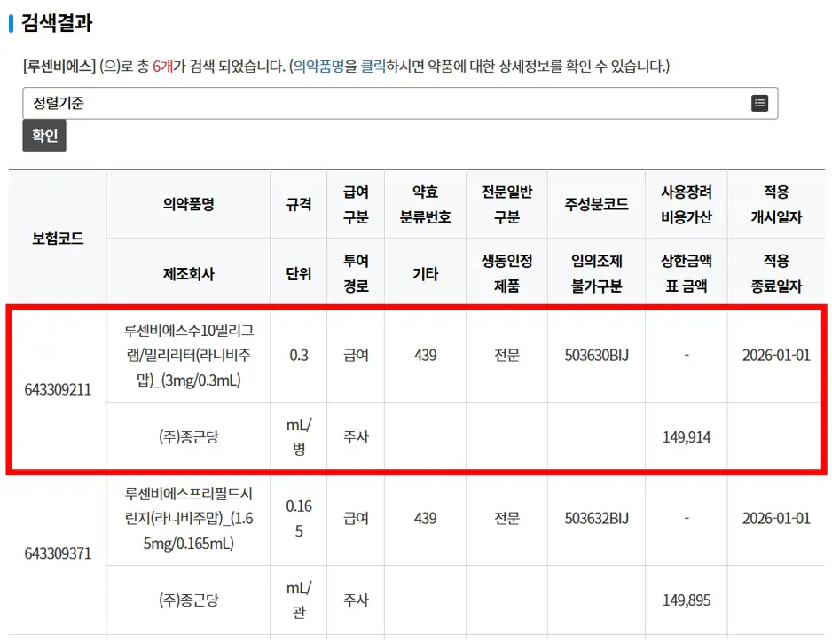 황반변성 주사 가격검색 화면 예시