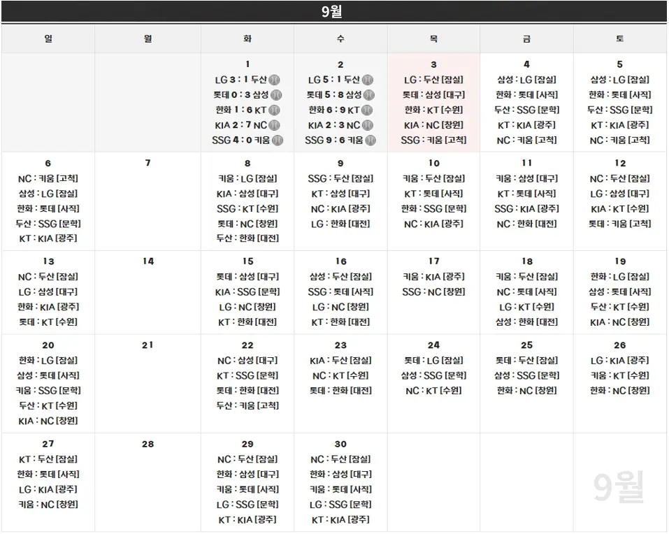 2026 KBO 프로야구 9월 잔여경기 일정